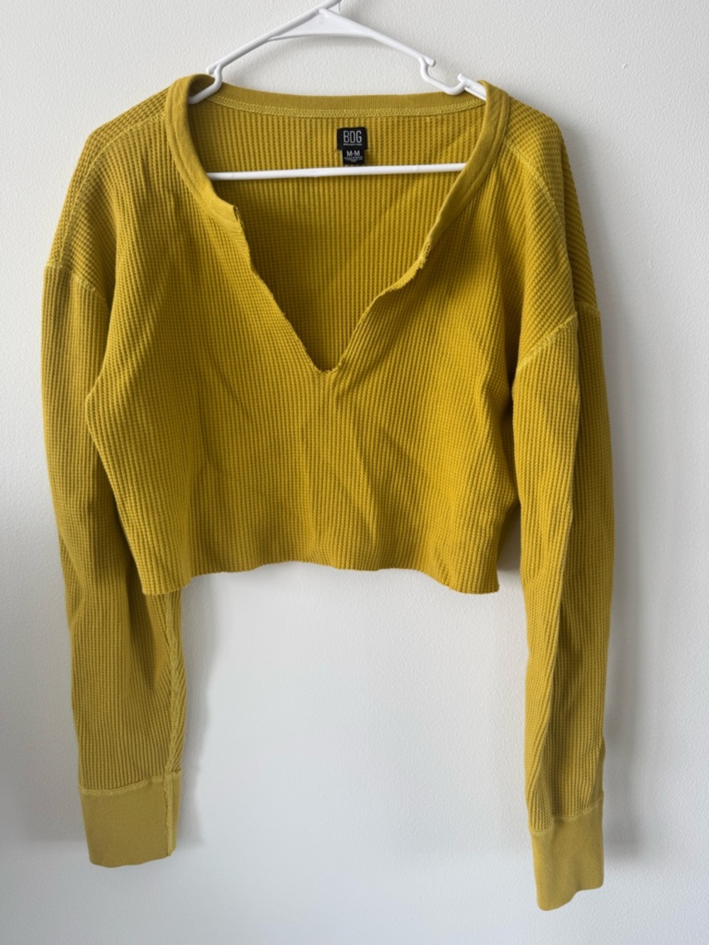 BDG Cropped Mustard Ribbed V-Notch Thermal Top